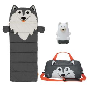 Aspen the Wolf Kid's 3 Piece Camping Combo Set (Duffel Bag, Sleeping Bag, Lantern) - Gray